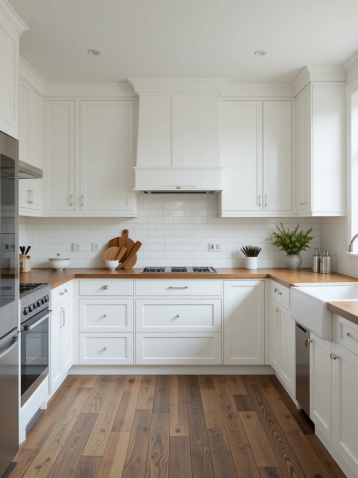 biała kuchnia z drewnianym blatem